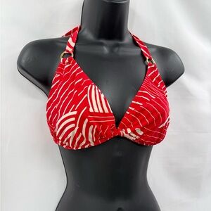 Lisa Curran Abstract Print Halter Triangle Bikini Top in Red / Ivory | XL
